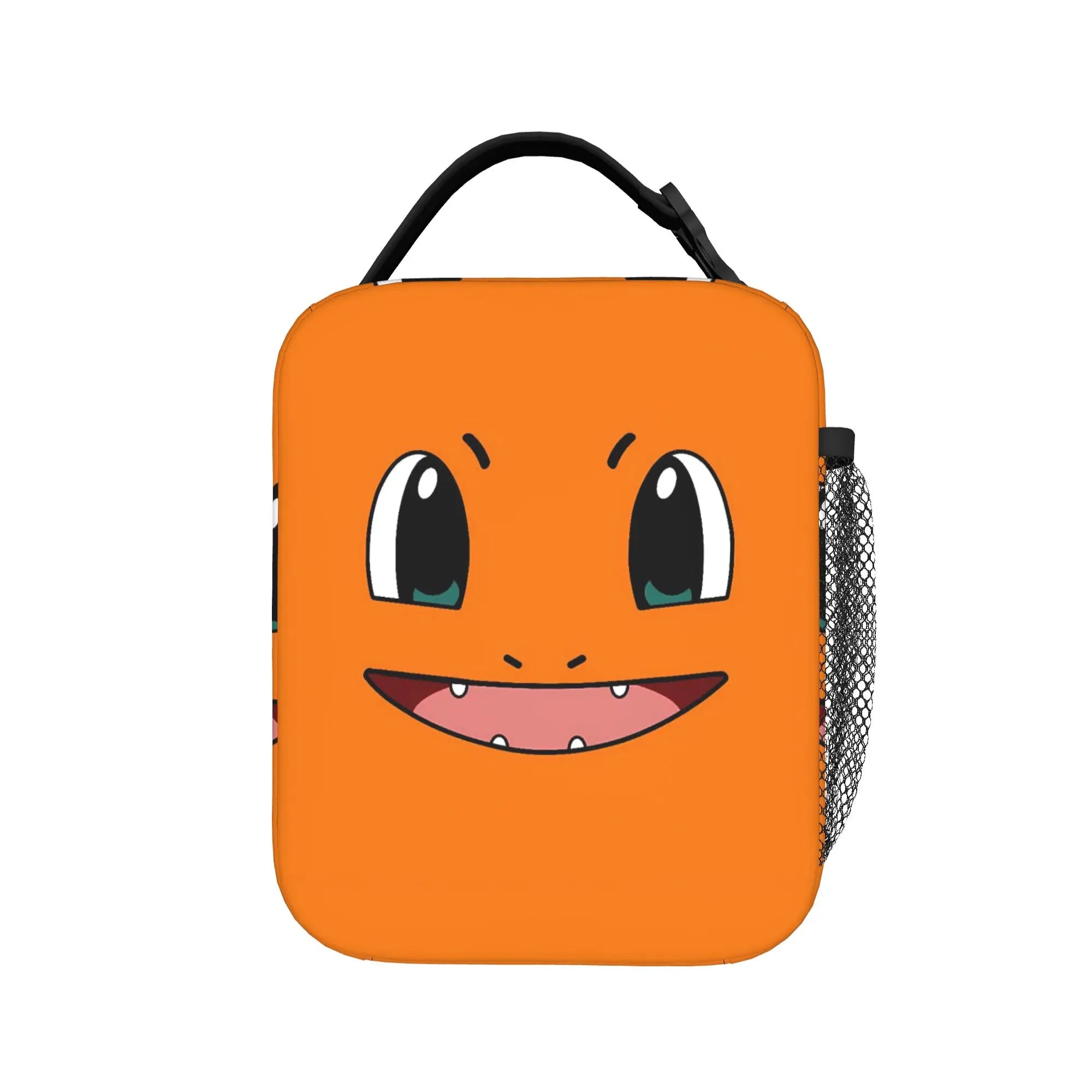 Pokemon Charizard Fire Burst Lunch Bag – Waterproof Insulated Tote An orange neoprene lunch bag featuring a cartoon face similar to Charmander, with a black handle and a black mesh side pocket, shown on a plain white background.
