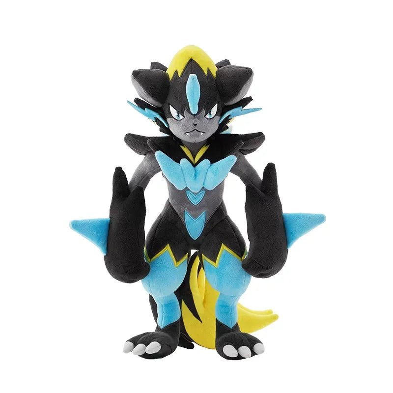Pokemon Mega Plush Toy – Mega Lucario, Mega Greninja & Mega Starmie A plush toy figurine of Zoroark from Pokémon, featuring its signature black, gray, blue, and yellow color scheme, set against a plain white background.