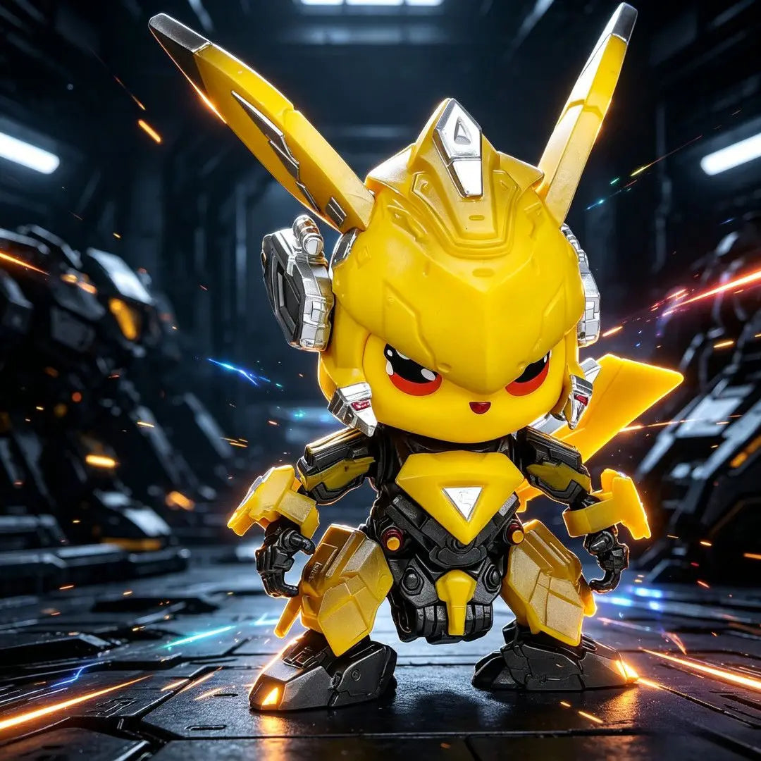 Pikachu Bumblebee Figure – Handheld Desktop Collectible A yellow and black robotic toy figure with large pointed ears, red eyes, and metallic armor details, standing in a futuristic dark sci-fi environment with glowing orange sparks and blue light effects.