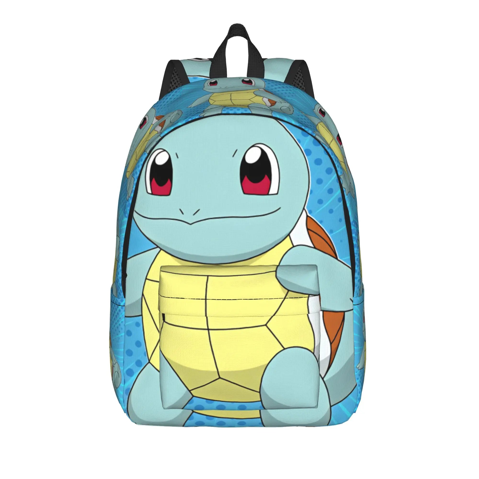 Pokemon Squirtle Backpack – Sport School Bag A light blue and yellow Squirtle backpack featuring a large cartoon character print on the front, black mesh side pockets, and black top handles, shown on a plain white background.