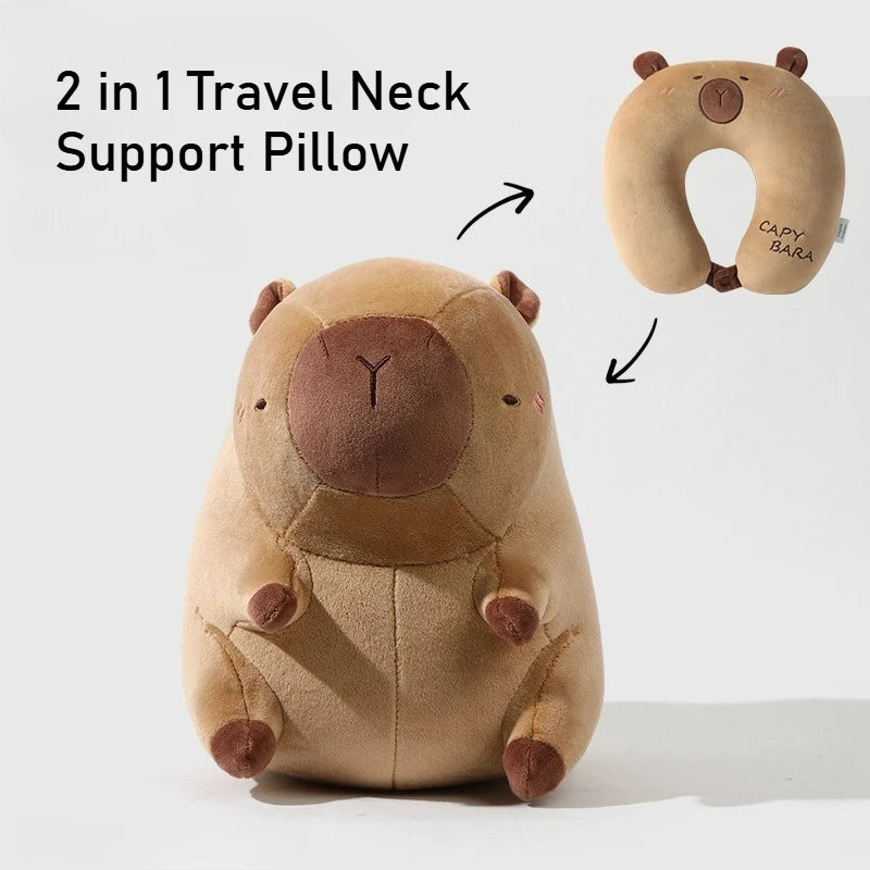 Capybara U-Shaped Plush Neck Pillow – Cute Travel Pillow Cute animal-shaped 2-in-1 travel neck support pillow with detachable pillow on a white background