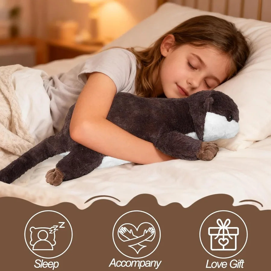 Weighted Otter Plush Toy – Soft Calming Hug Pillow Child sleeping with a plush toy in bed, with icons and text below indicating sleep, accompaniment, and love gift.