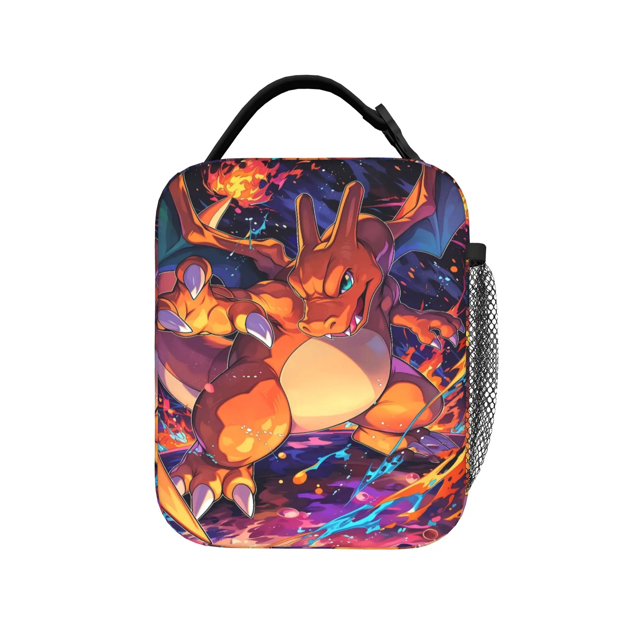 Pokemon Charizard Fire Burst Lunch Bag – Waterproof Insulated Tote A square lunch bag featuring a colorful printed illustration of Charizard from Pokemon, complete with a black top handle and a side mesh pocket, shown against a plain white background.