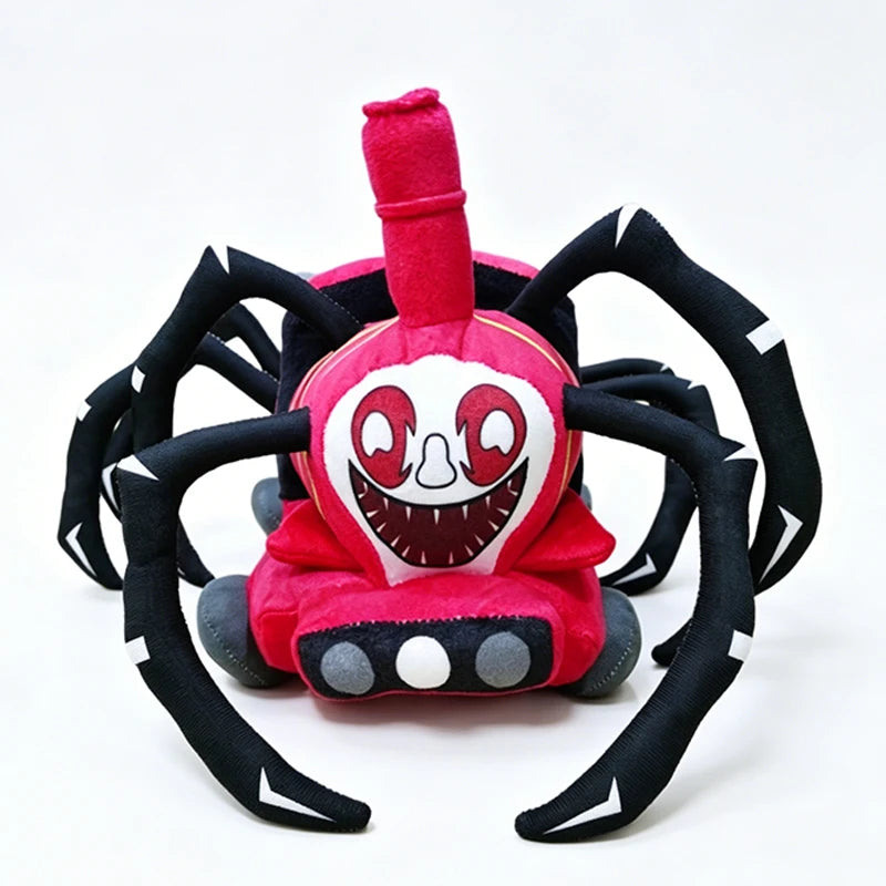 Horror Spider Plush Dolls – 2-Piece Creepy Halloween Set A plush toy shaped like a spider with a red and black body, featuring a creepy white face with red eyes and a wide grin, set against a plain white background.