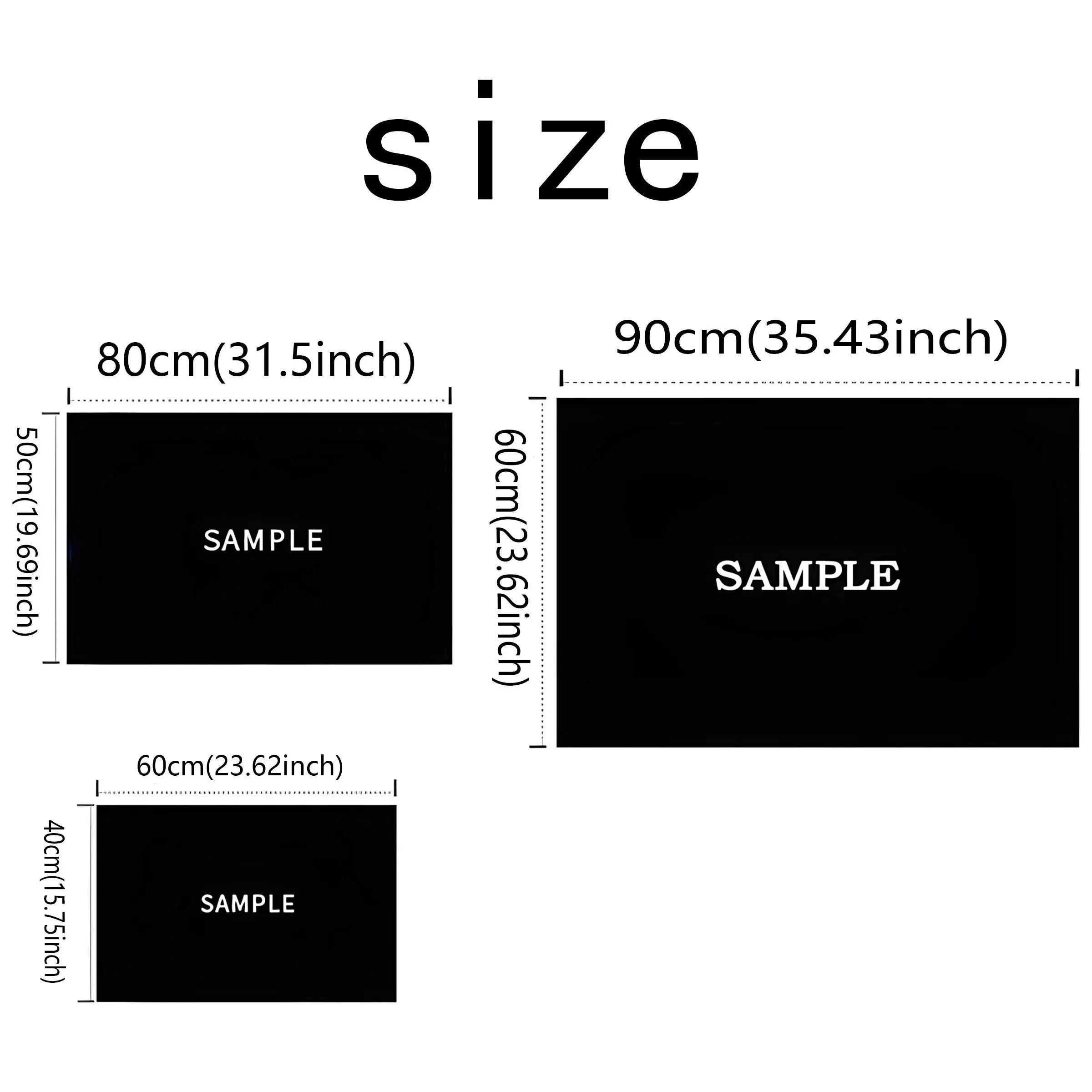 Capybara Doormat – Soft Flannel Non-Slip Indoor & Outdoor Rug Size chart showing three black rectangular sample panels with dimensions labeled in centimeters and inches, under the heading 'size' on a white background.