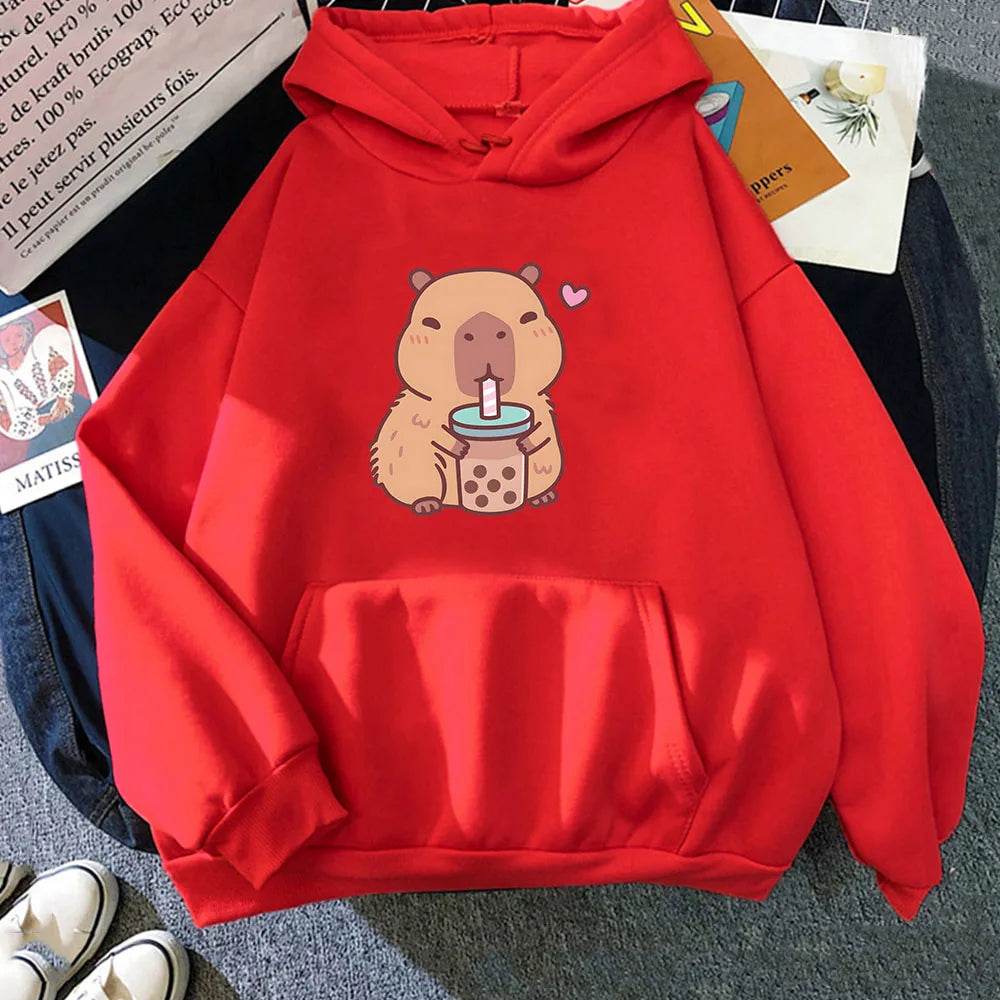 Capybara Drinking Bubble Tea Hoodie Capybara Drinking Bubble Tea Hoodie Furvenzy Red XS