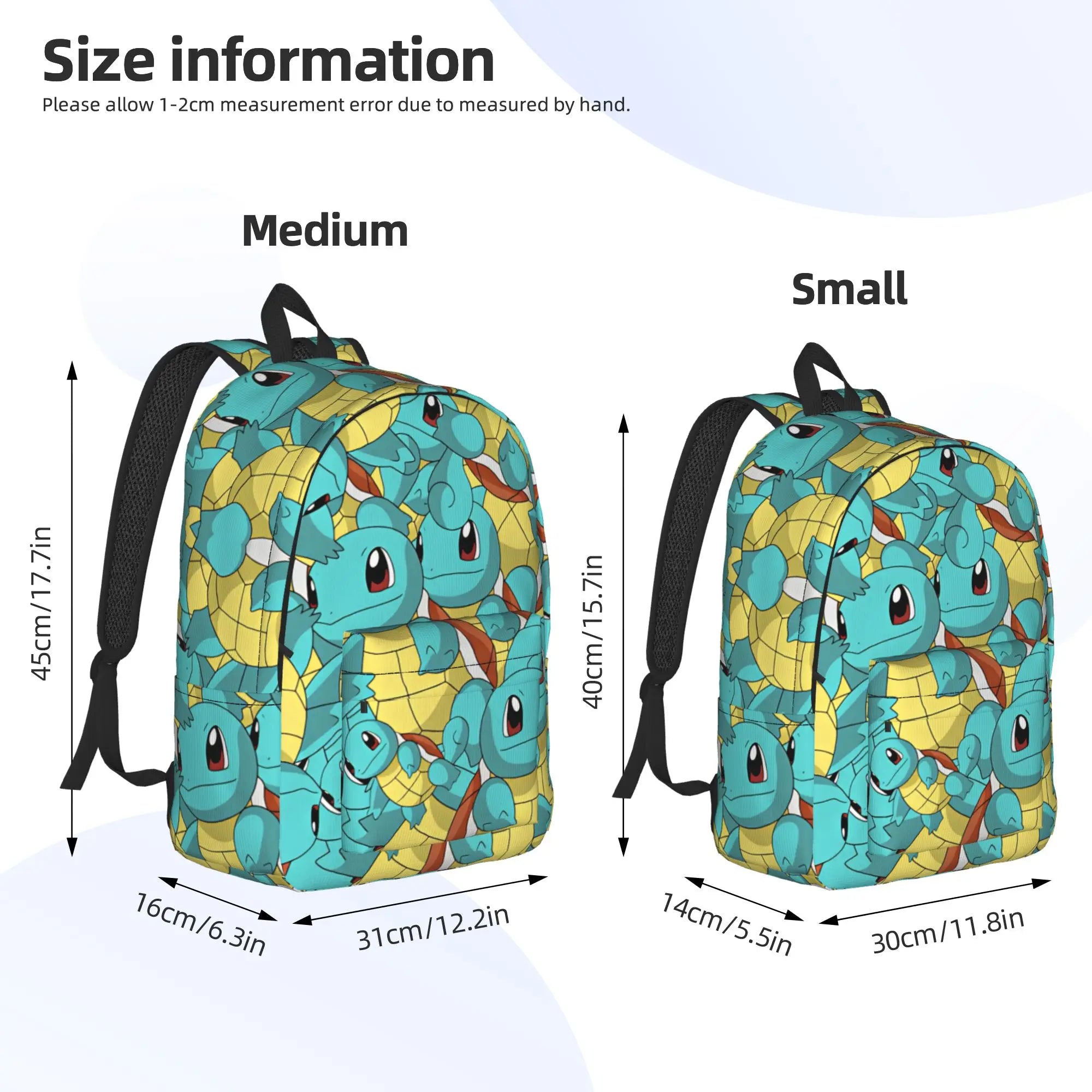 Pokemon Squirtle Backpack – Sport School Bag Size information graphic showing two backpacks labeled Medium and Small with printed Squirtle designs, including height, width, and depth measurements in centimeters and inches.