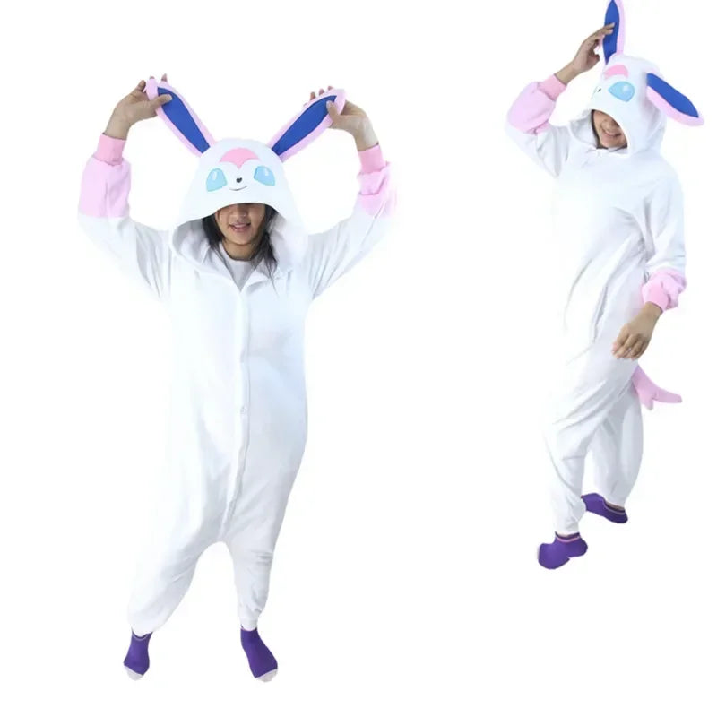 Pokemon Kigurumi Onesie – Snorlax, Gengar Anime Costumes Person wearing a white onesie with bunny ears and pink gloves on a white background