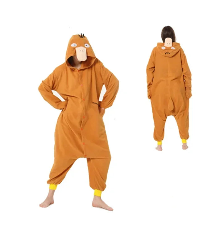 Pokemon Kigurumi Onesie – Snorlax, Gengar Anime Costumes Orange onesie with animal face design worn by a person on a white background