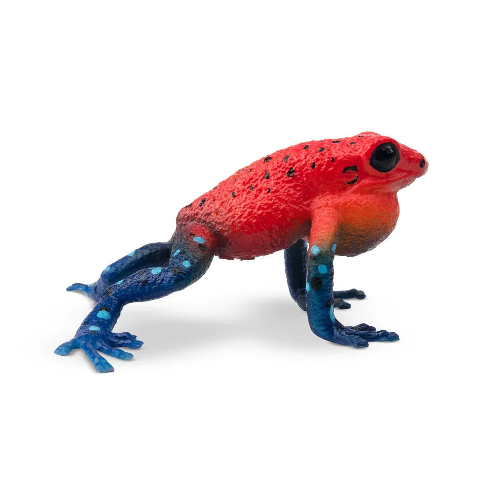 Strawberry Frog Mini Figure – Realistic Animal Model Collectible Toy Red and blue frog figurine on a white background