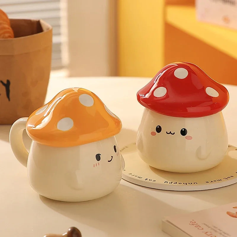 Cute Mushroom Coffee Mug with Lid – 400ML Ceramic Cup Two cute mushroom-shaped mugs on a table with a blurred background