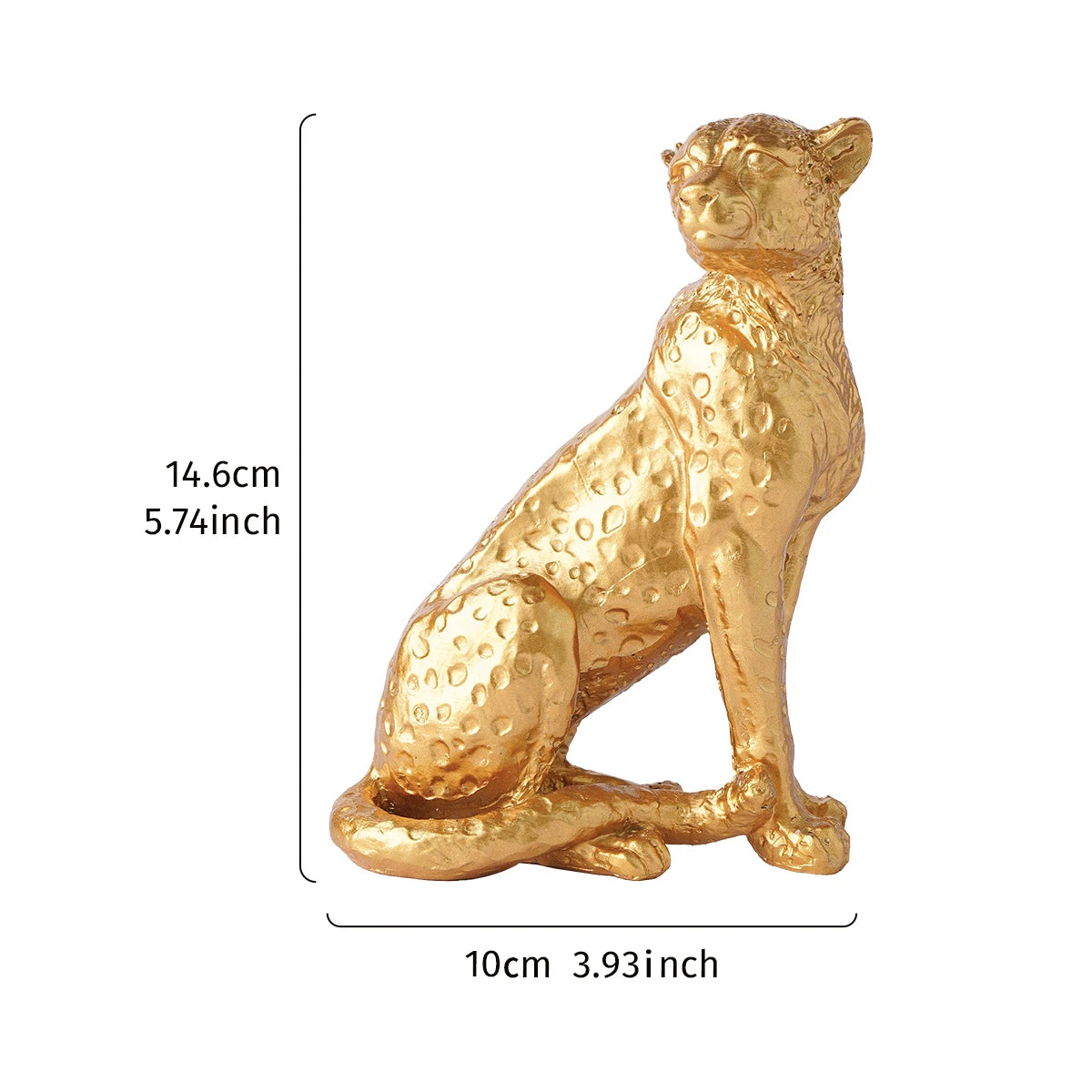 Golden Leopard Figurine – Resin Animal Desktop Decor Sculpture Gold leopard figurine with measurements on a white background
