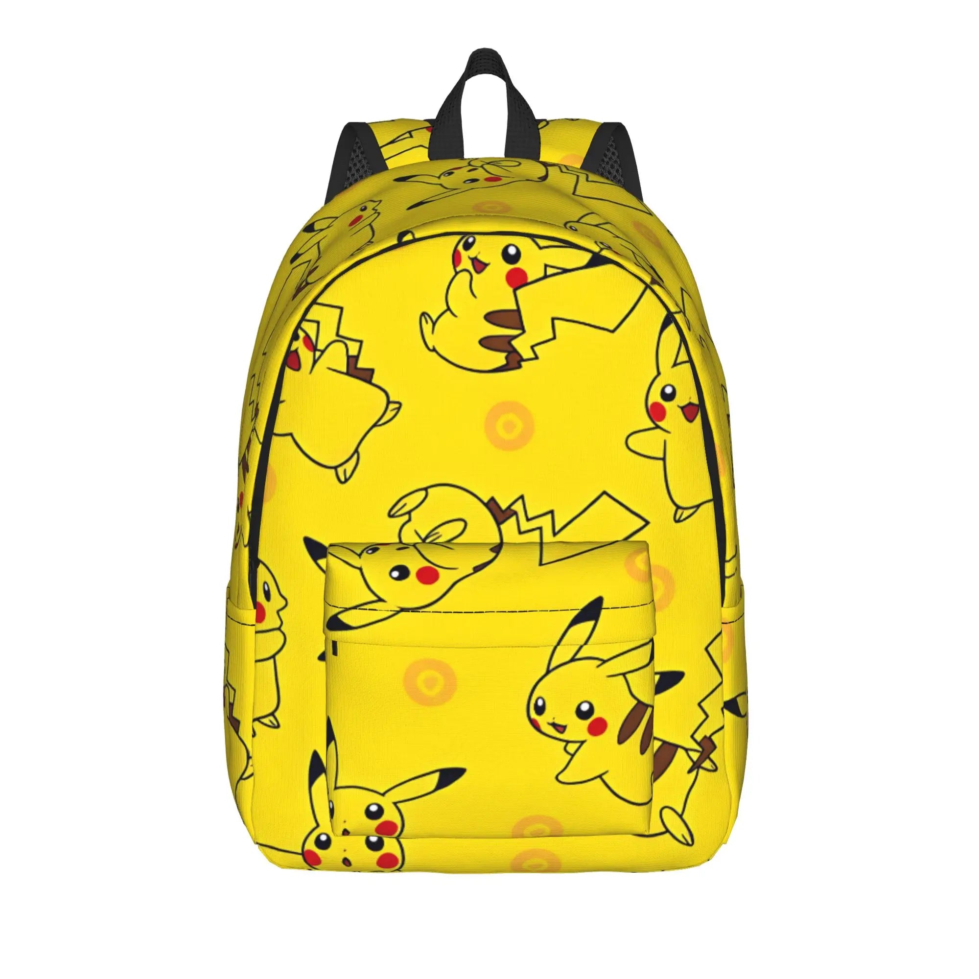 Pokemon Squirtle Backpack – Sport School Bag A bright yellow backpack featuring an all-over print of Pikachu, the iconic Pokémon character, with black mesh shoulder straps and a black top handle, shown against a plain white background.