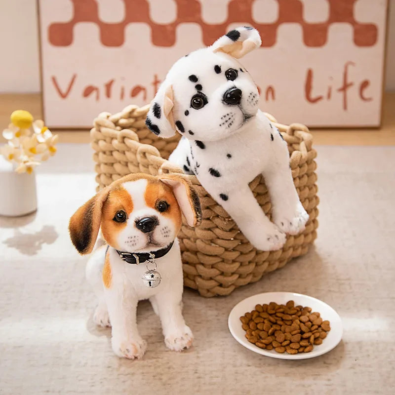 Realistic Dalmatian Beagle Plush Stuffed Toy Two plush dog toys, one Dalmatian and one Beagle, sitting on a woven basket with a plate of dog food.