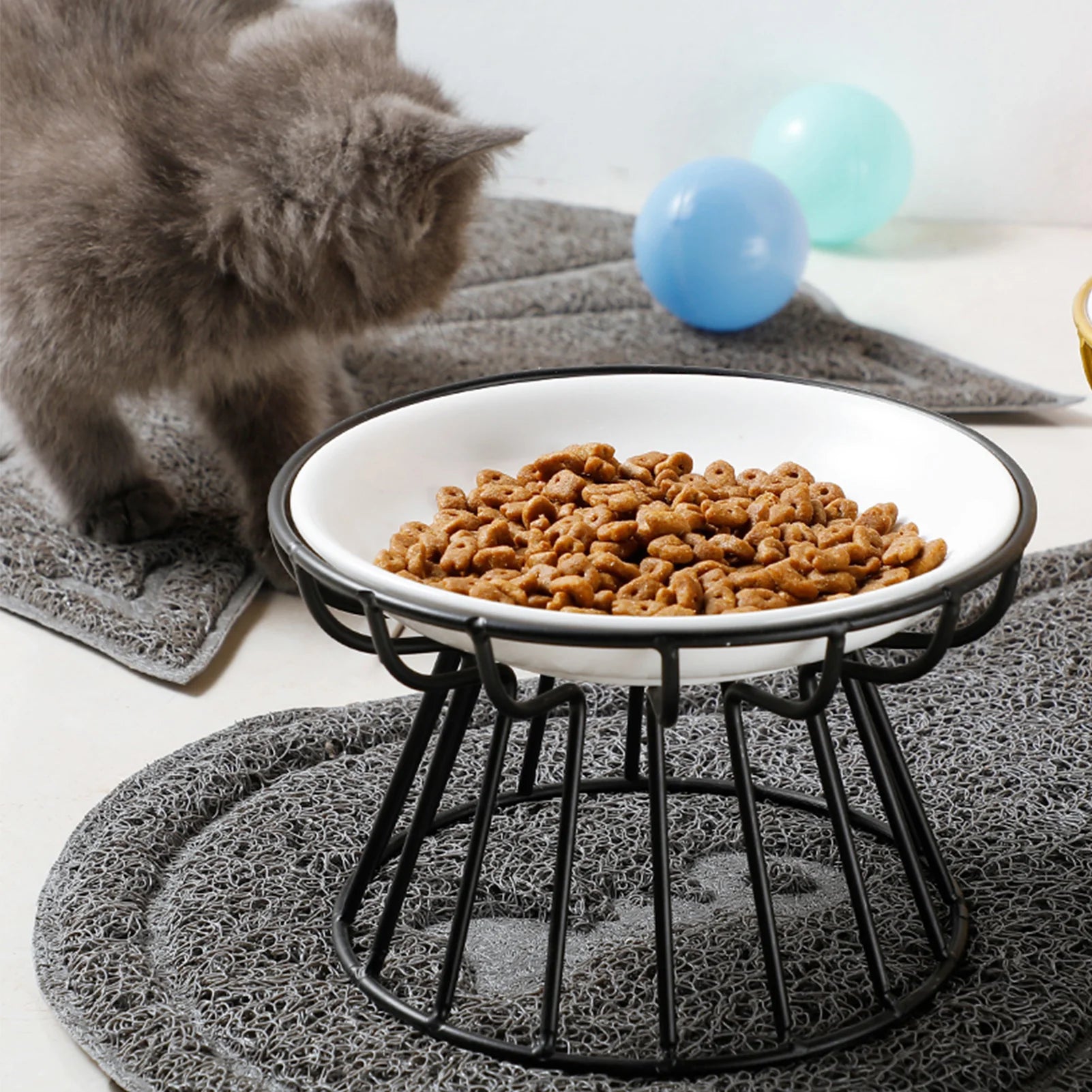 Ceramic Elevated Pet Bowl with Stand Food & Water Cat looking at a bowl of food on a raised stand with a gray mat and blue ball in the background.