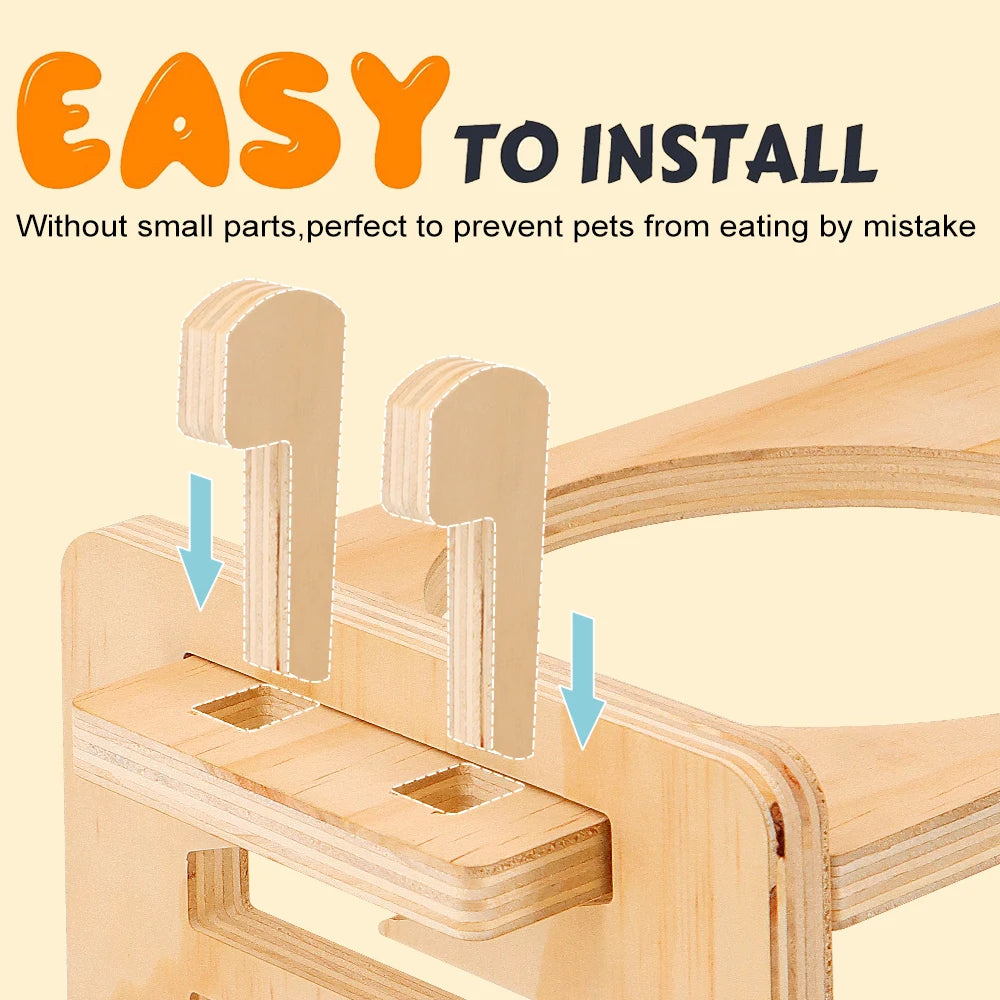 Elevated Adjustable Pet Feeder with 2 Stainless Steel Bowls Wooden pet toy with text indicating it's easy to install and safe for pets.