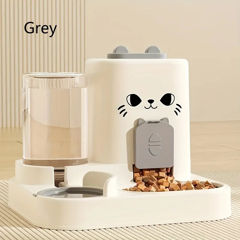 Automatic Pet Feeder with Water Dispenser Large Capacity Pet feeding station with water dispenser, food bowl, and cat face design on a neutral background.
