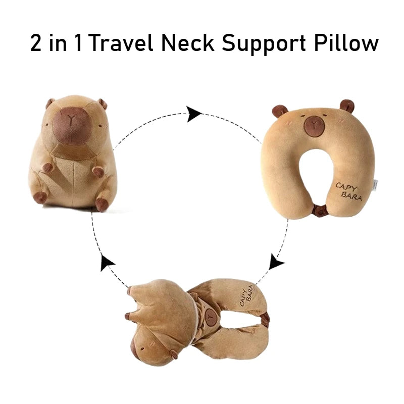 Capybara U-Shaped Plush Neck Pillow – Cute Travel Pillow 2-in-1 travel neck support pillow with capybara design on a white background