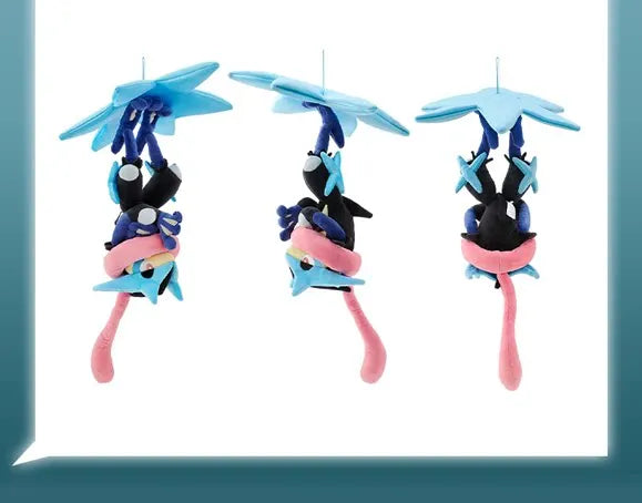 Pokemon Mega Plush Toy – Mega Lucario, Mega Greninja & Mega Starmie Three hanging mobile decorations featuring cartoon animal characters with blue flower-like tops, pink lower sections, and dark blue bodies, shown against a white background with a teal border.