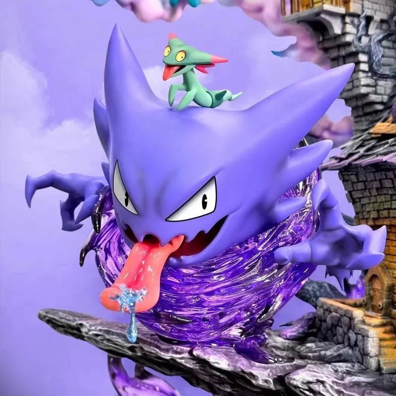 Pokemon Gengar Evolution Figure – Gengar, Haunter & Gastly Large purple monster with a smaller green creature on its back, set against a fantasy landscape.