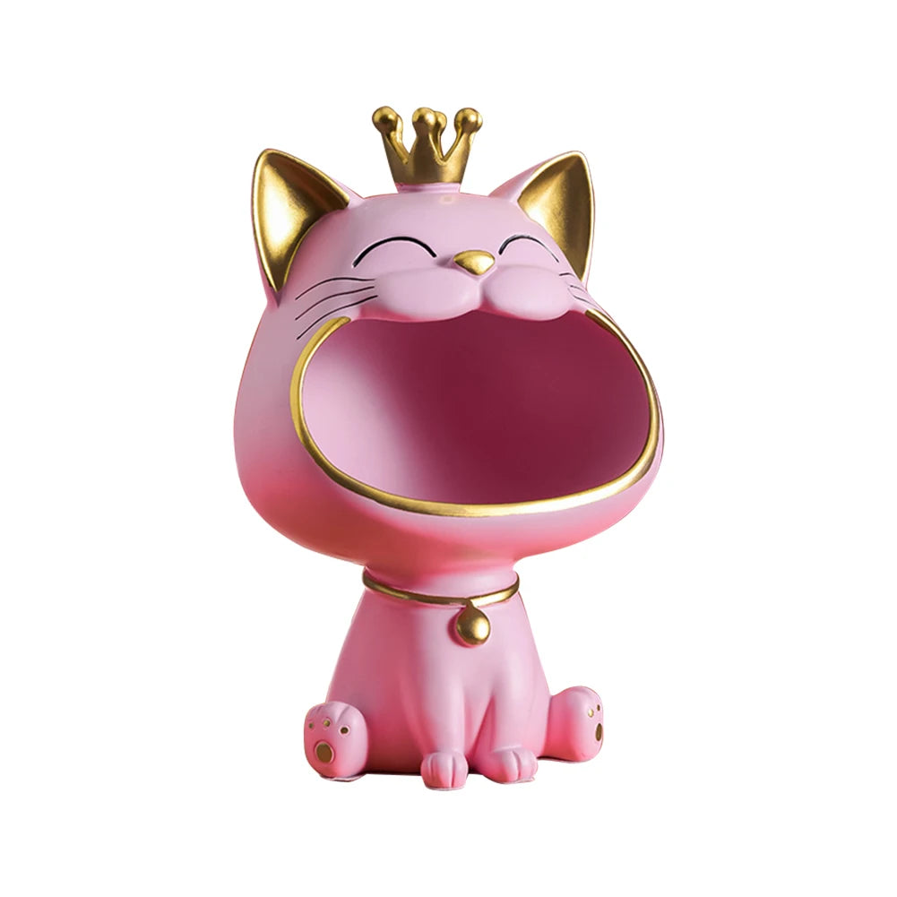 Lucky Cat Figurine with Storage Box – Resin Laughing Cat Home Decor Pink cat figurine with a gold crown on a white background