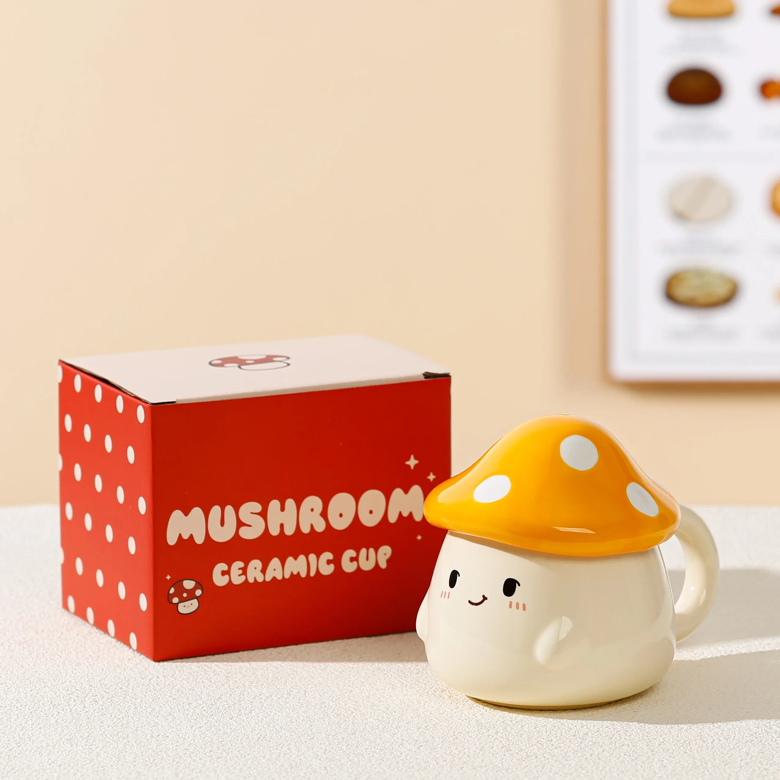 Cute Mushroom Coffee Mug with Lid – 400ML Ceramic Cup Mushroom-shaped ceramic cup with a red box labeled 'Mushroom Ceramic Cup' on a light surface.
