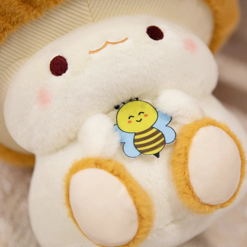 Creative Mushroom Plush Pillow – Cute Stuffed Plant Cushion for Home Décor Plush toy with a bee sticker on its belly