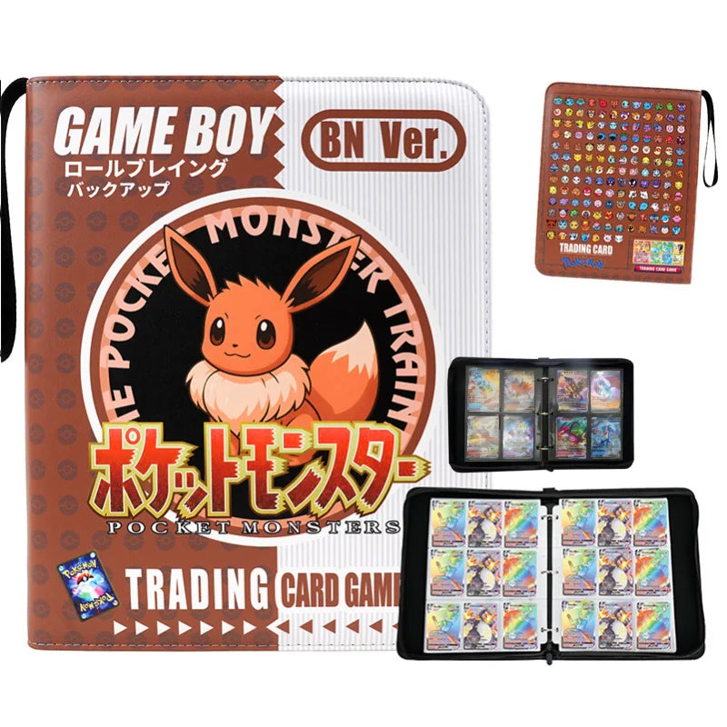 Pokemon Card Album – Gengar, Charizard & Eevee Trading Card Binder Pokémon Monster Trading Card Game BN Ver. Game Boy-style trading card album set shown with the album cover, a brown card holder page, and two open black binder pages displaying colorful trading cards on a white background.