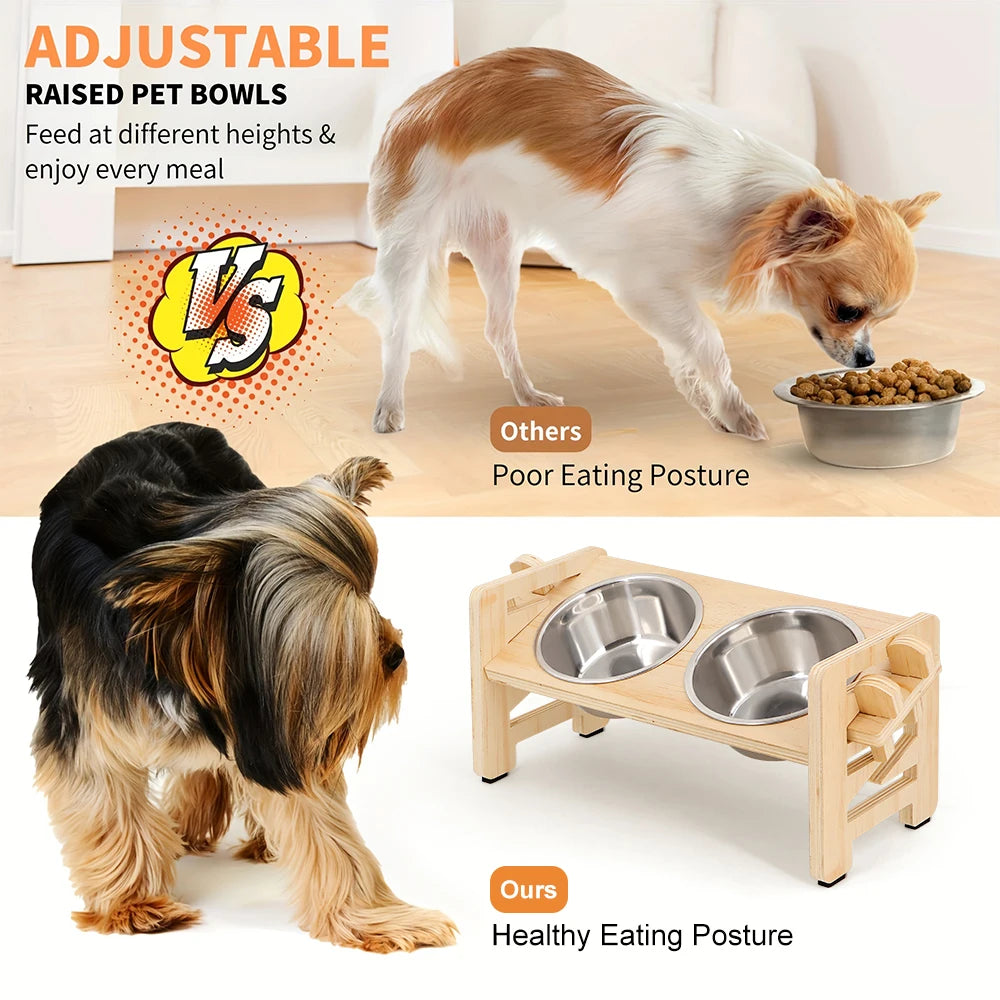 Elevated Adjustable Pet Feeder with 2 Stainless Steel Bowls Pet bowls on a stand with dogs using them and another set without, highlighting adjustable raised pet bowls.