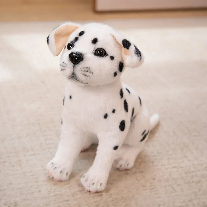 Realistic Dalmatian Beagle Plush Stuffed Toy Stuffed toy of a Dalmatian puppy on a beige surface
