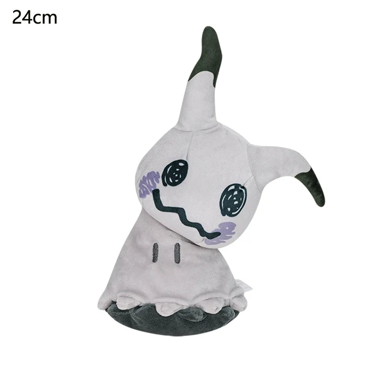 Pokemon Mimikyu Plush – Shiny Stuffed Toy A 24cm plush toy of the Pokémon character Mimikyu, featuring its signature white body, dark green pointed ears and feet, and purple stitched facial details, shown on a plain white background.
