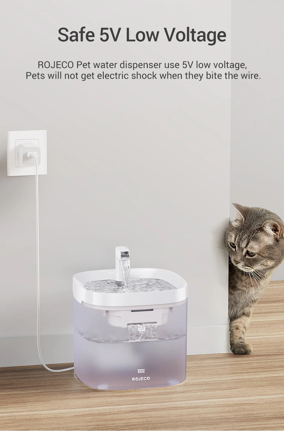 Smart Cat Water Fountain Automatic Filter Pet Dispenser ROJECO pet water dispenser with a cat observing it on a wooden floor.