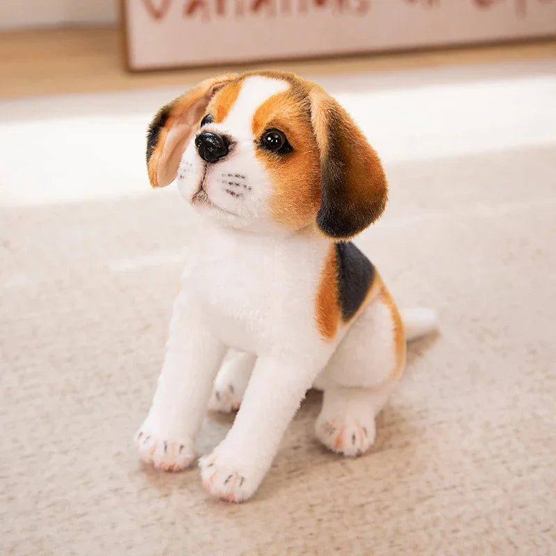 Realistic Dalmatian Beagle Plush Stuffed Toy Stuffed toy dog with tricolor fur on a beige surface