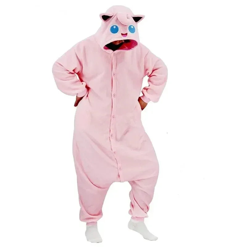 Pokemon Kigurumi Onesie – Snorlax, Gengar Anime Costumes Pink onesie with cartoon face design on a white background