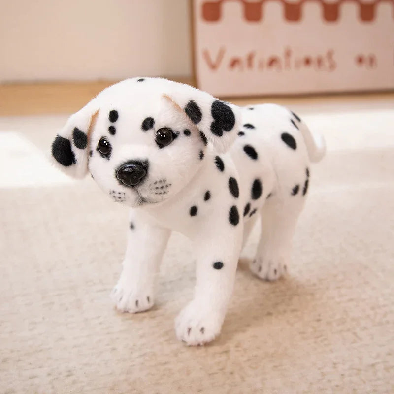 Realistic Dalmatian Beagle Plush Stuffed Toy Stuffed toy Dalmatian puppy on a beige surface with a blurred background