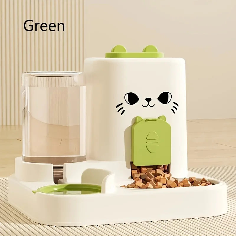 Automatic Pet Feeder with Water Dispenser Large Capacity Pet feeding and water station with a cat face design on a neutral background