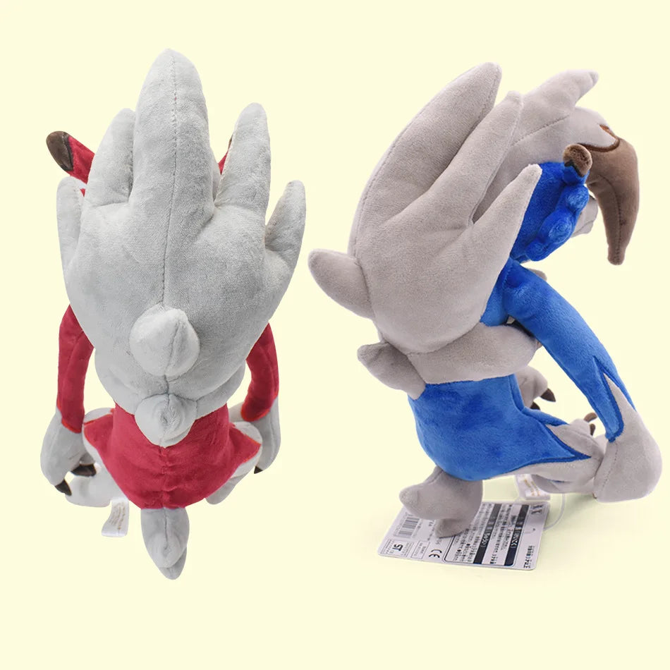 Pokemon Lycanroc Plush Toy – Shiny Midnight & Midday Soft Stuffed Animal Two plush toys shown from the back on a pale yellow background. One is gray with a red top and small brown ear detail.