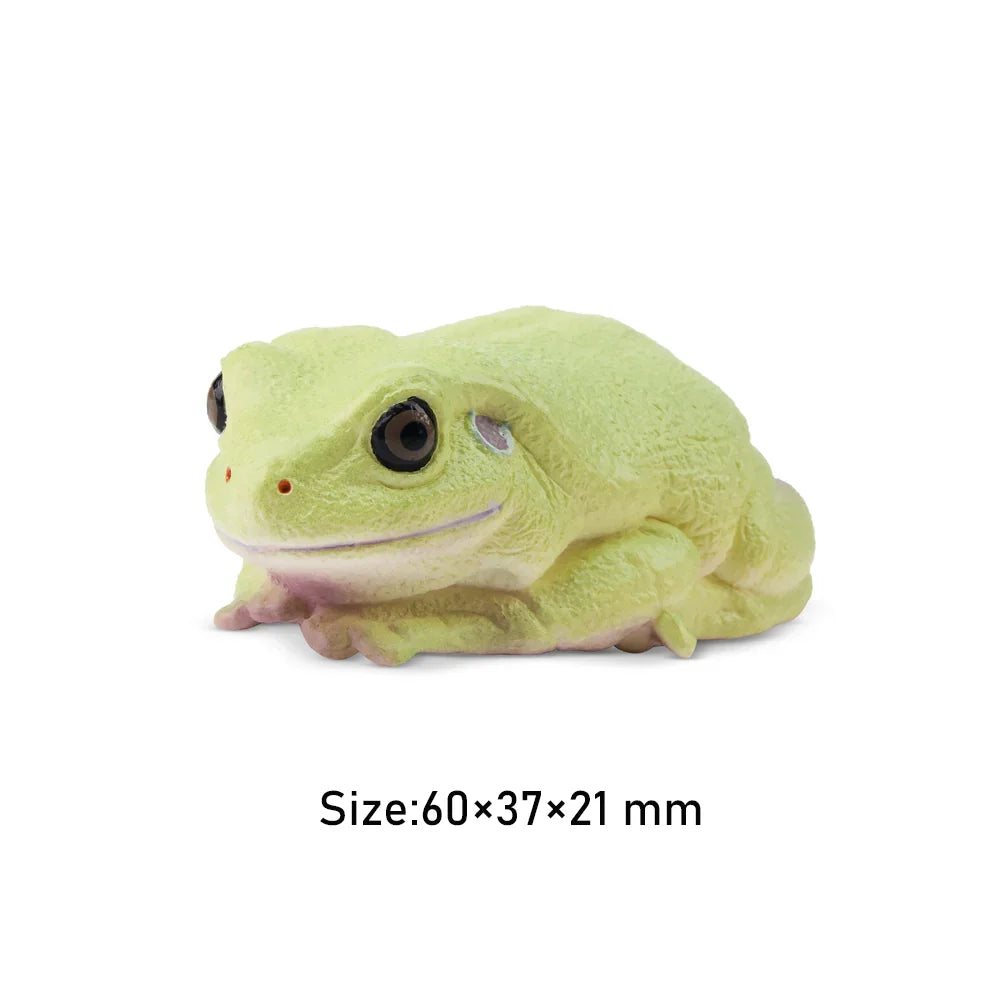 Strawberry Frog Mini Figure – Realistic Animal Model Collectible Toy Green frog figurine with size dimensions on a white background