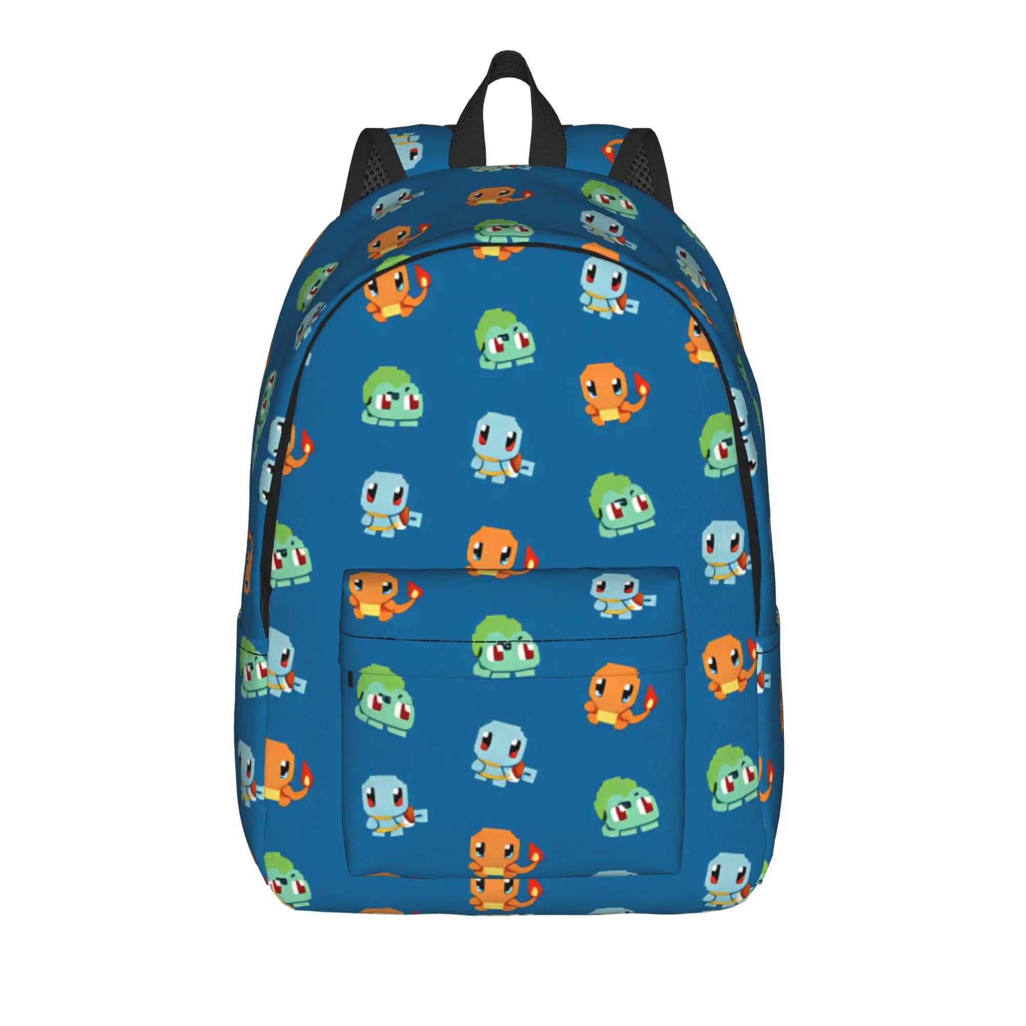 Pokemon Squirtle Backpack – Sport School Bag A blue backpack featuring an all-over repeating pattern of small cartoon creatures in green, orange, and light blue, shown against a plain white background.