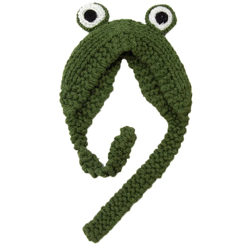 Cute Green Frog Crochet Beanie Hat – Knitted Winter Costume Cap Green frog-shaped knitted headband on a white background
