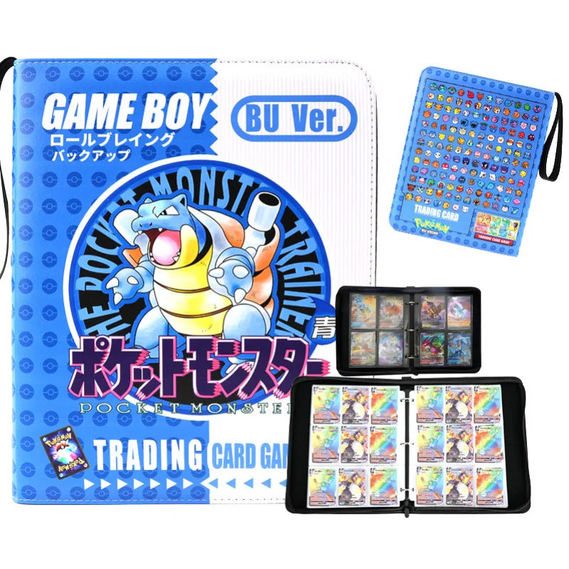 Pokemon Card Album – Gengar, Charizard & Eevee Trading Card Binder Pokémon Game Boy trading card game packaging and accessories on a white background, including a blue and white Game Boy-themed case, a card tracker sheet, and two black binder albums showing sample cards.