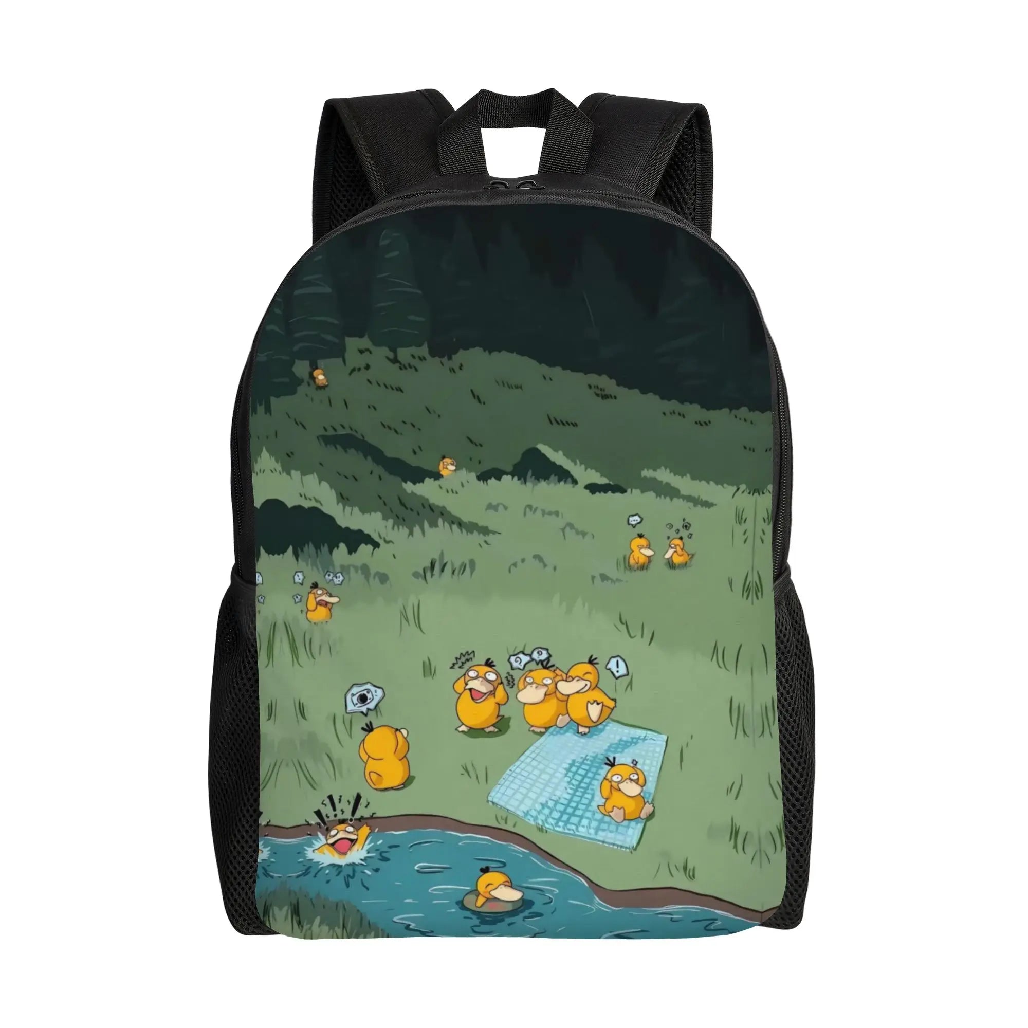 Pokemon Psyduck Laptop Backpack – School Bag A black backpack featuring a printed illustration of yellow Pokémon characters having a picnic in a grassy field next to a pond.