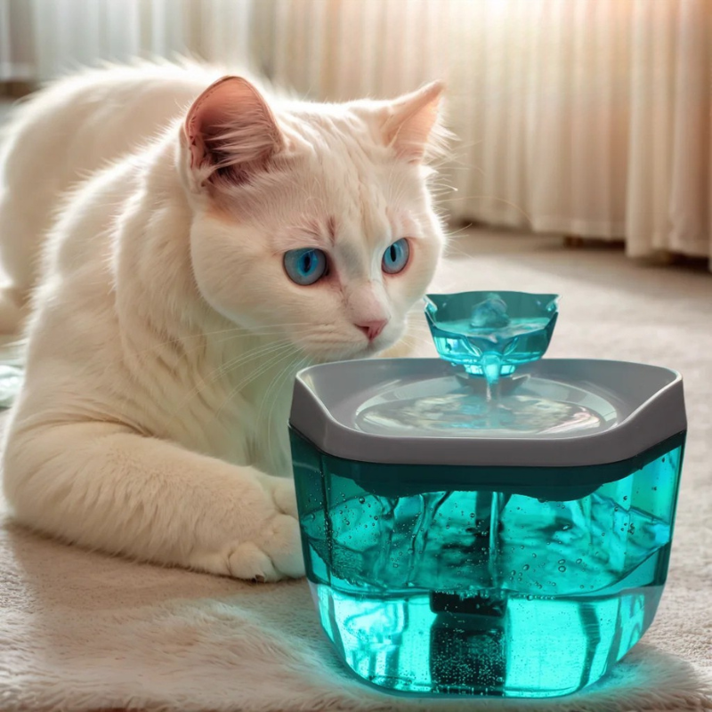 Cat Water Fountain 1.2L USB Pet Drinking Fountain White cat with blue eyes looking at a blue and gray pet water fountain.