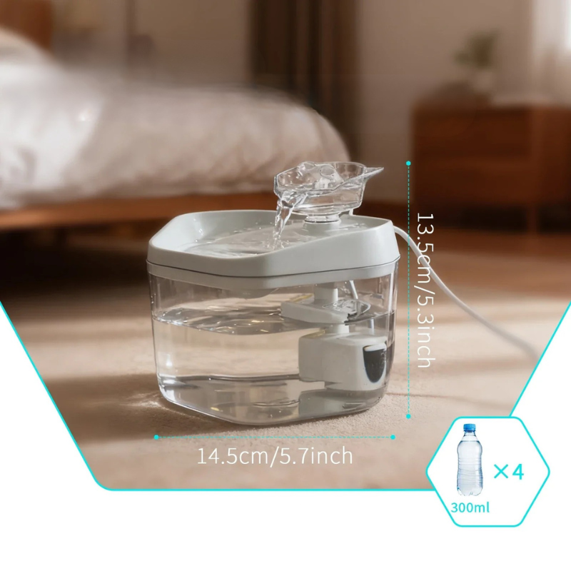 Cat Water Fountain 1.2L USB Pet Drinking Fountain Pet water fountain with dimensions and water bottle capacity information on a blurred indoor background