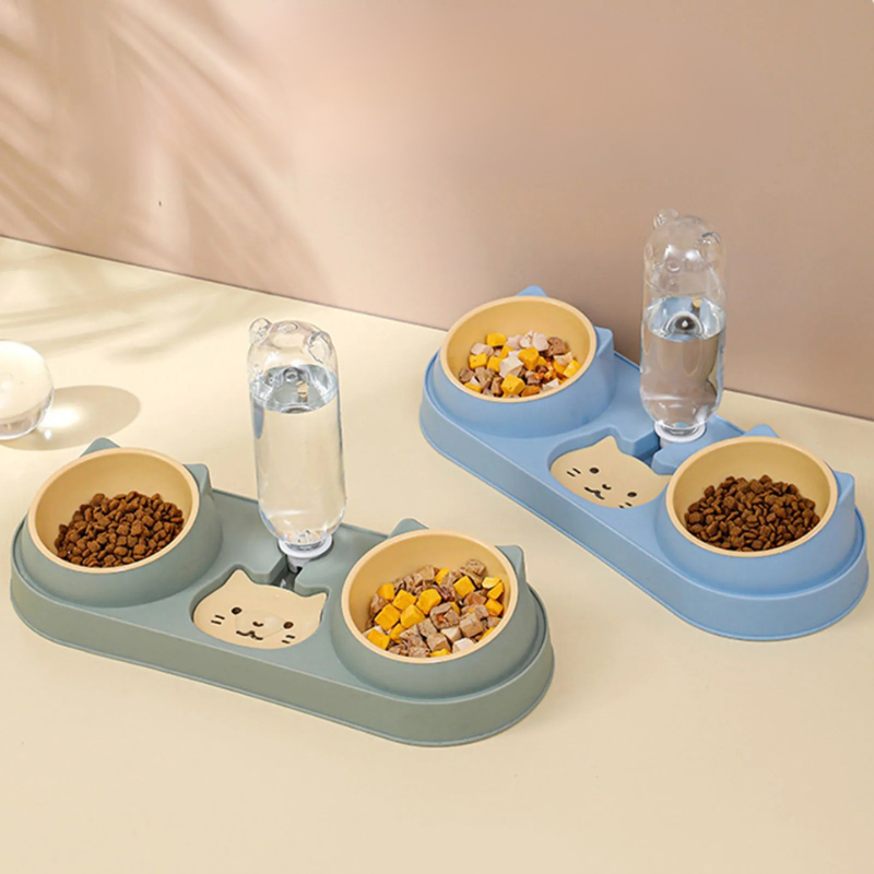 Automatic Pet Feeder Double Bowl with Water Fountain Pet feeding station with bowls and water bottles on a beige surface