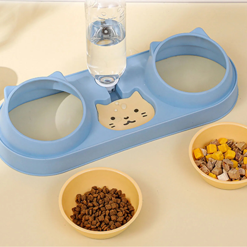 Automatic Pet Feeder Double Bowl with Water Fountain Pet feeding station with two bowls and a water bottle on a beige surface.
