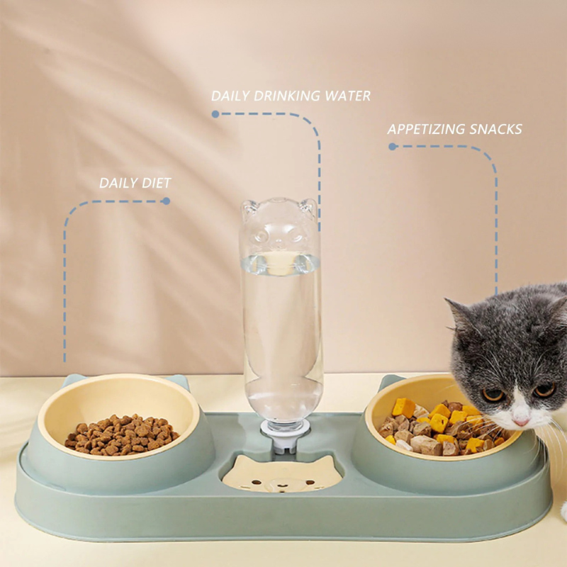 Automatic Pet Feeder Double Bowl with Water Fountain Pet feeding station with bowls and a water dispenser on a beige background