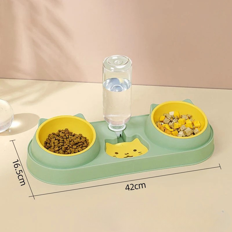 Automatic Pet Feeder Double Bowl with Water Fountain Pet feeding station with two bowls and a water bottle on a beige surface, dimensions indicated.