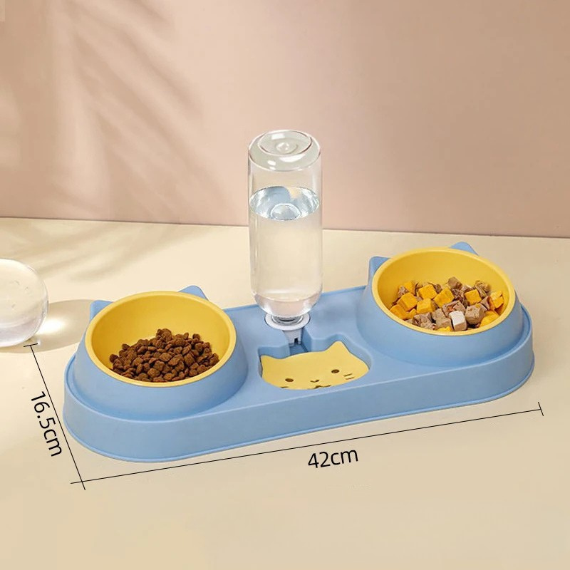 Automatic Pet Feeder Double Bowl with Water Fountain Pet feeding station with two bowls and a water bottle on a beige surface, with measurements indicated.