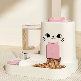 Pet feeder with a cat face design on a neutral background